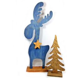 Łoś drewniany dekoracja na podstawie 103cm Niebieski